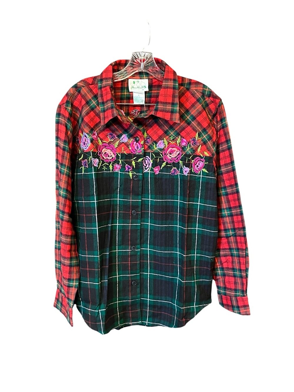 The Quacker Factory Plaid Flannel Shirt Women M Embroidered Beaded Holiday NWT